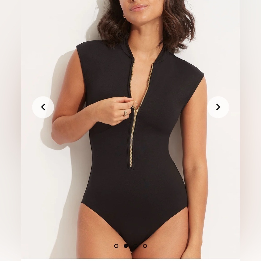 Seafolly Collective Zip Front One Piece Swimsuit Black 10987-942 Womens 14 NWOT